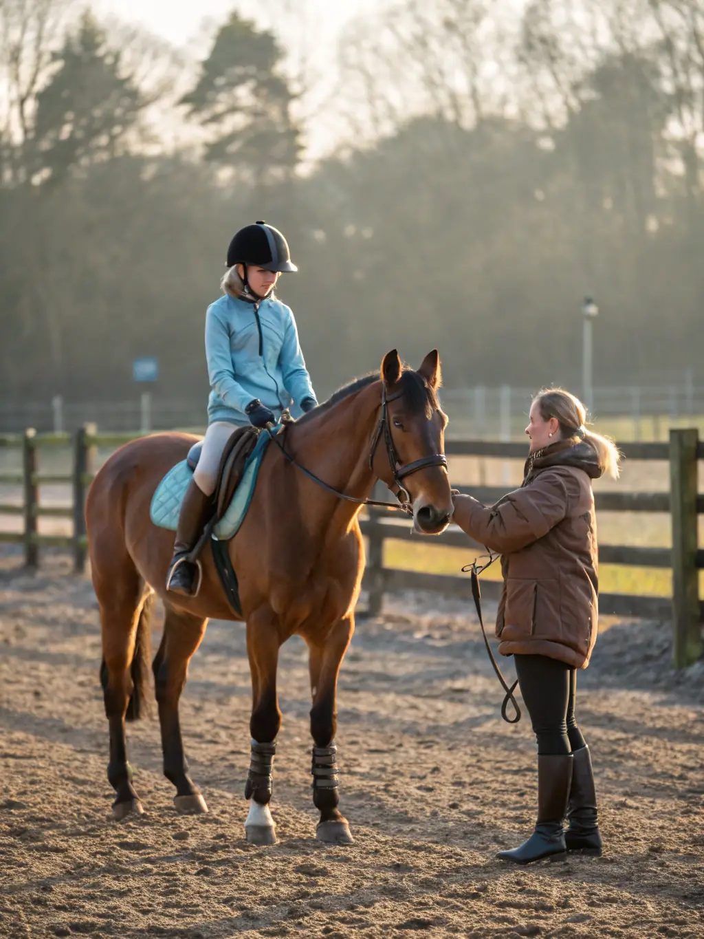A group of children learning basic horse riding skills in a safe, enclosed arena, with an instructor guiding them.
