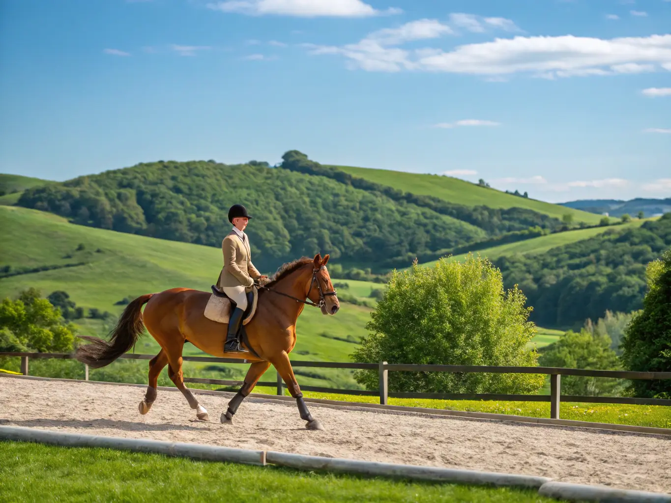 A skilled equestrian trainer working with a horse in a training pen, focusing on specific exercises to improve the horse's agility and responsiveness.