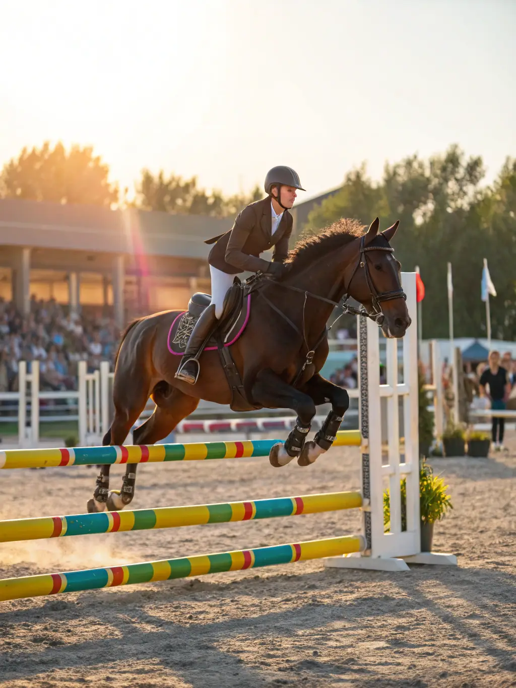 Participants in a horse riding competition, showcasing their skills and horsemanship in a competitive setting.
