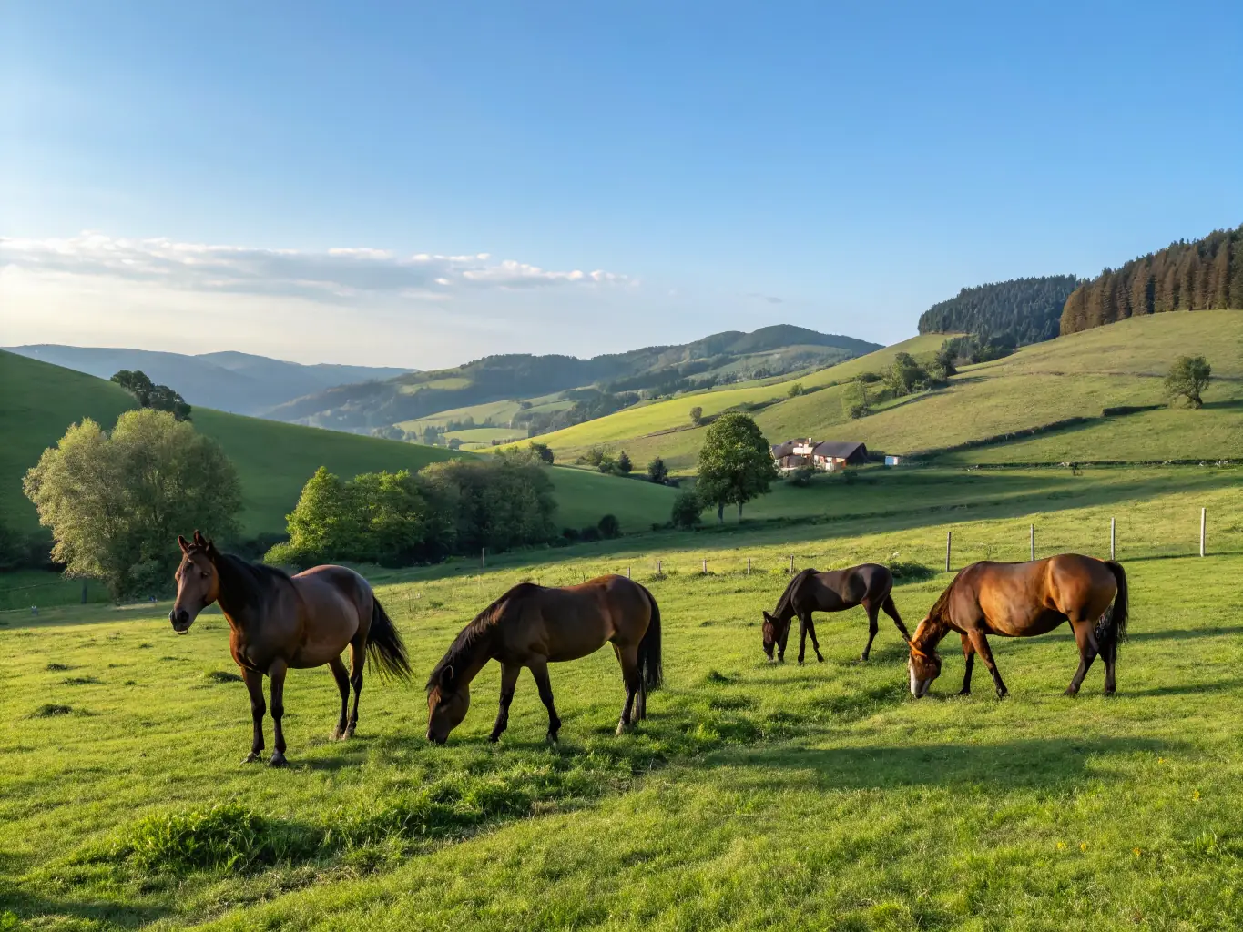 A serene image of horses grazing in a lush pasture, highlighting the natural beauty and care involved in horse breeding.