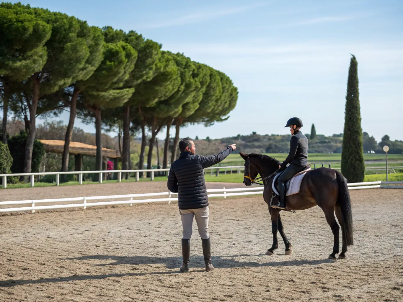A group of riders participating in a horse riding lesson in an outdoor arena, focusing on proper posture and technique, with an instructor providing guidance.